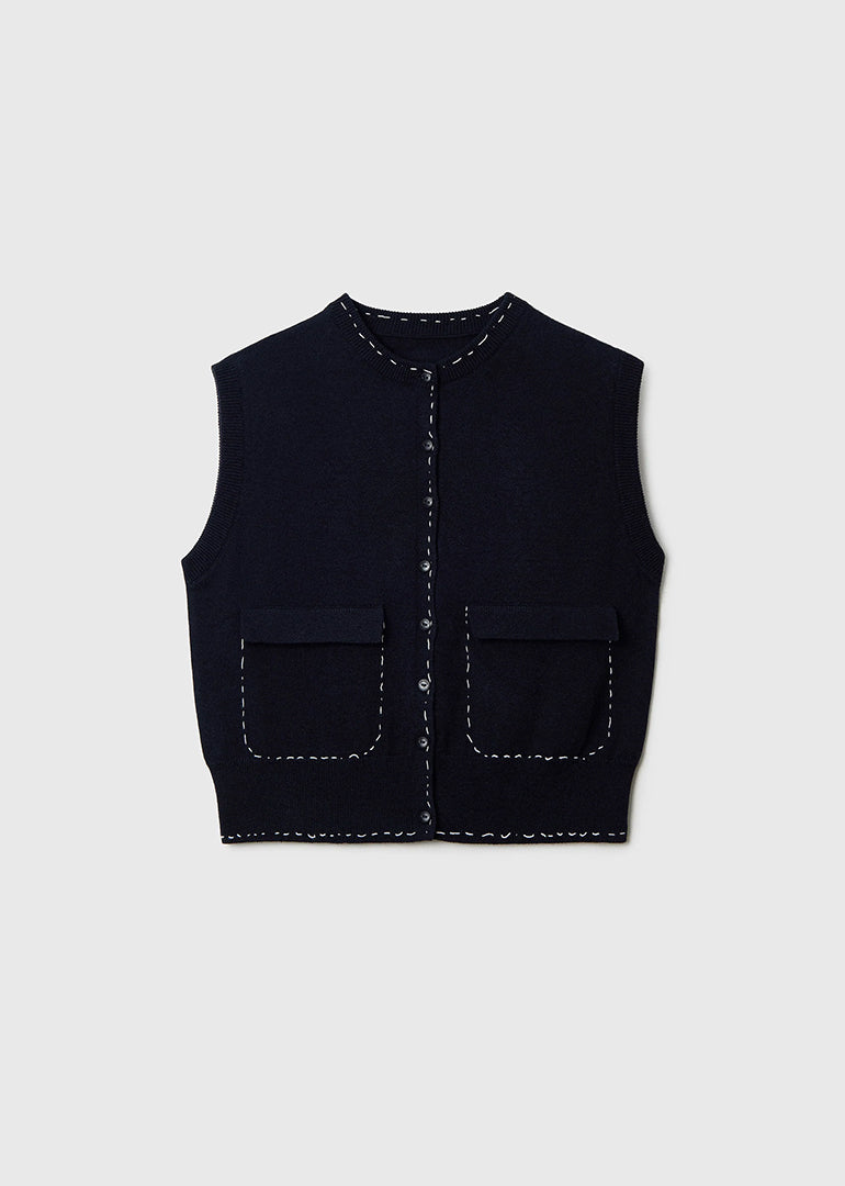 Cordera - Merino Wool Stitched Waistcoat in Navy