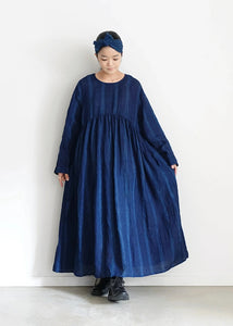 Ichi Antiquites - Linen Dobby Stripe Dress in Dark Indigo