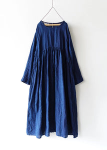 Ichi Antiquites - Linen Dobby Stripe Dress in Dark Indigo