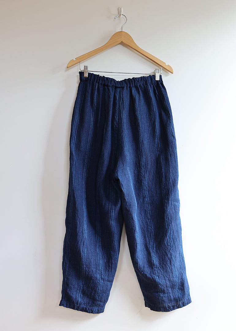 Ichi Antiquites - Linen Dobby Stripe Pants in Dark Indigo