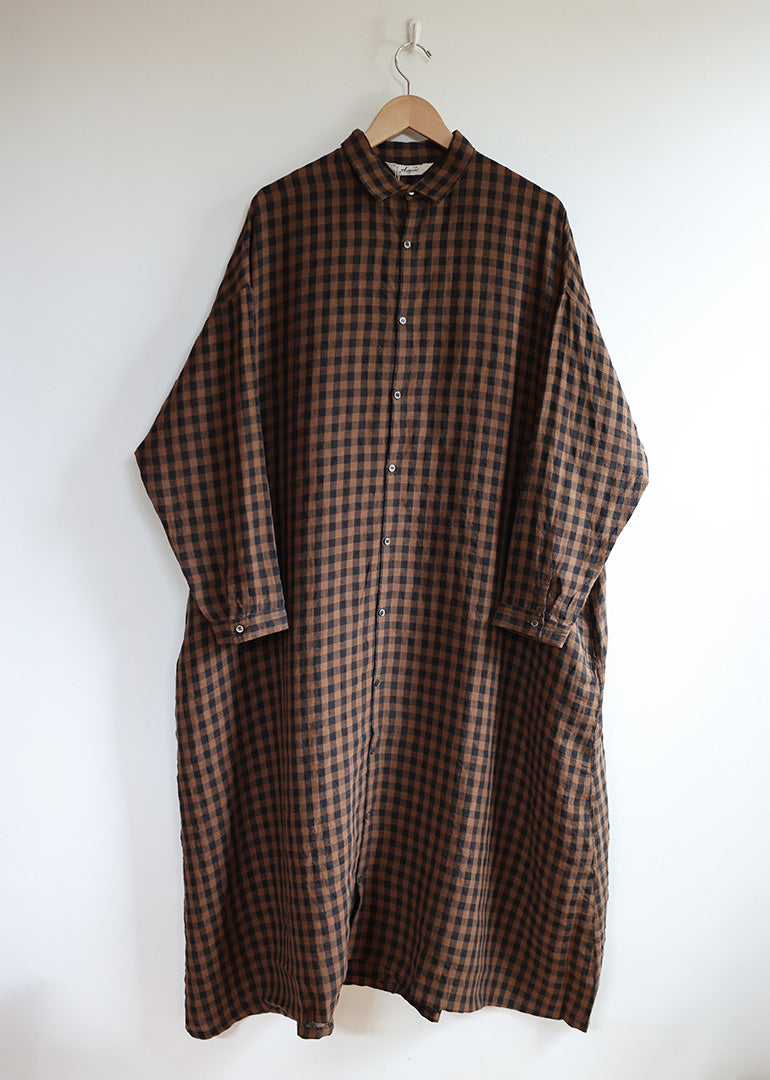 Ichi Antiquites - Linen Gingham Check Dress in Brown